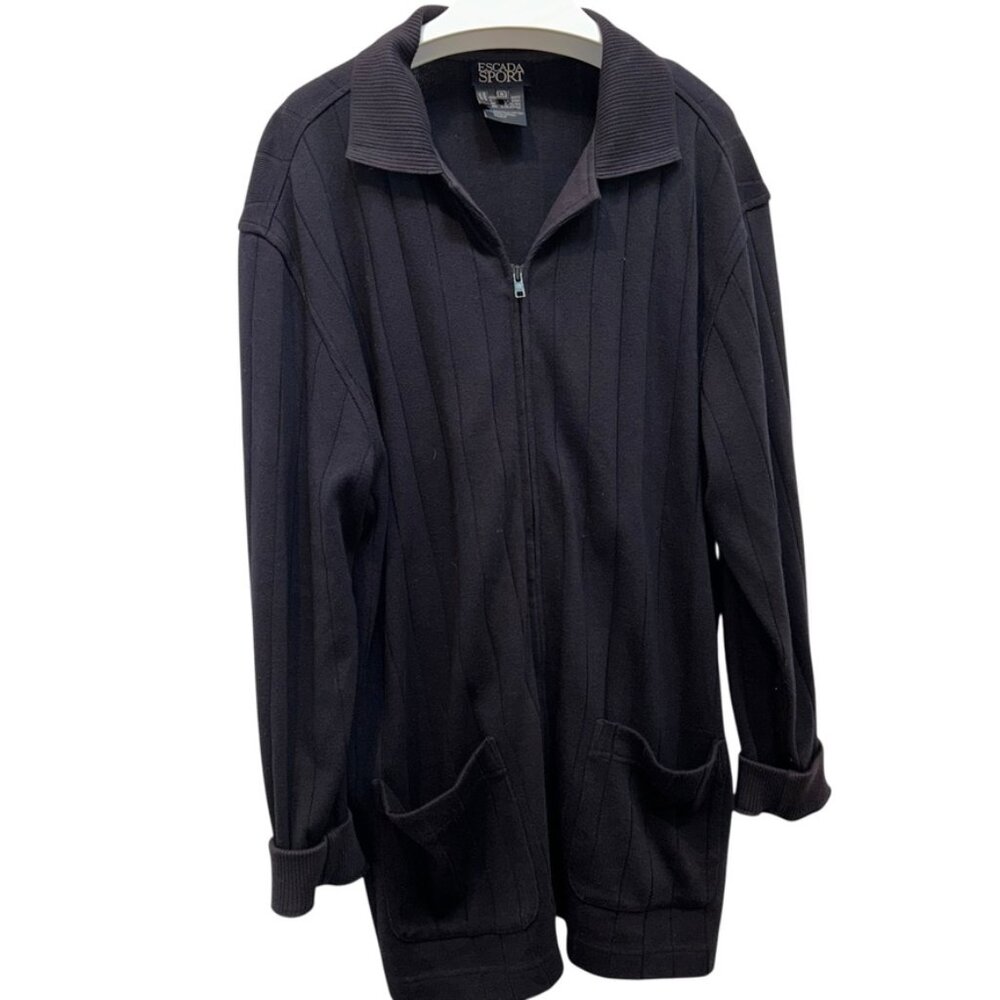 ESCADA navy blue wide ribbed jersey knit cotton zip up jacket M